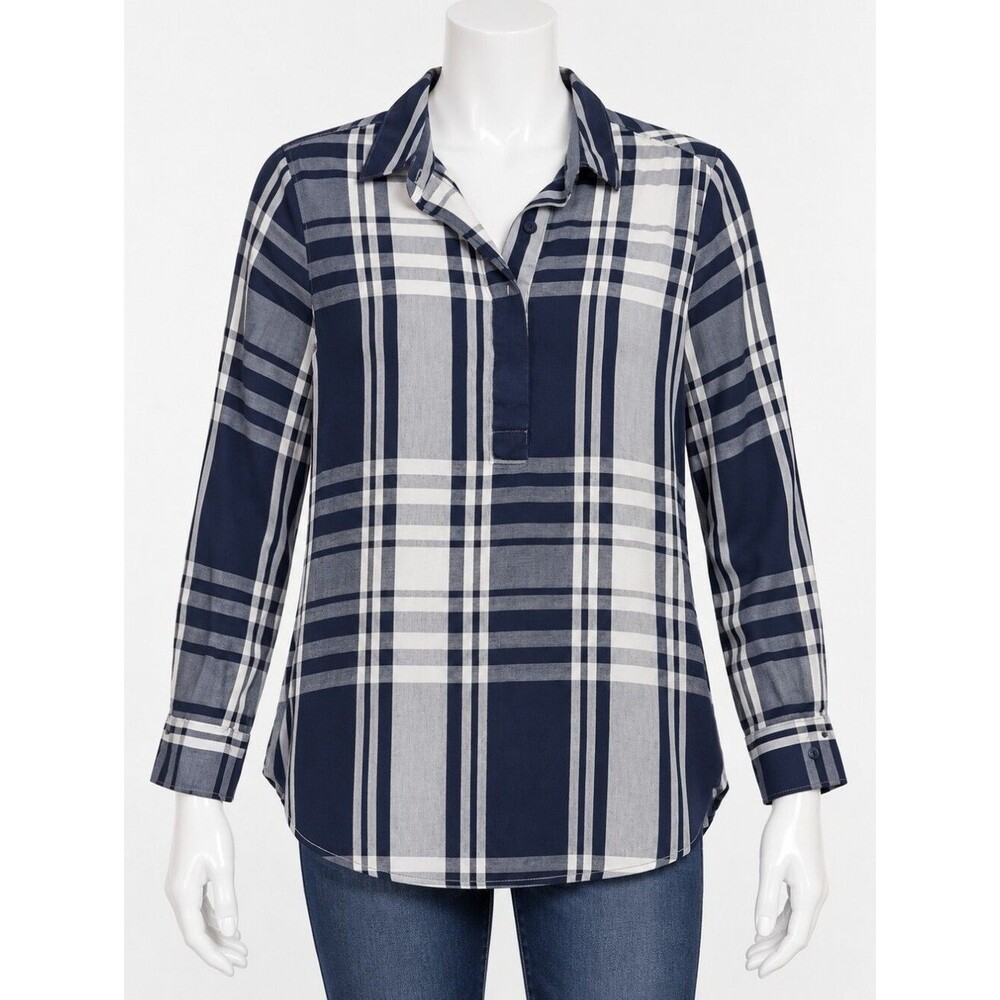 Women's Cotton Blouse Navy White Plaid Popover Tunic Long Sleeve Liz Claiborne